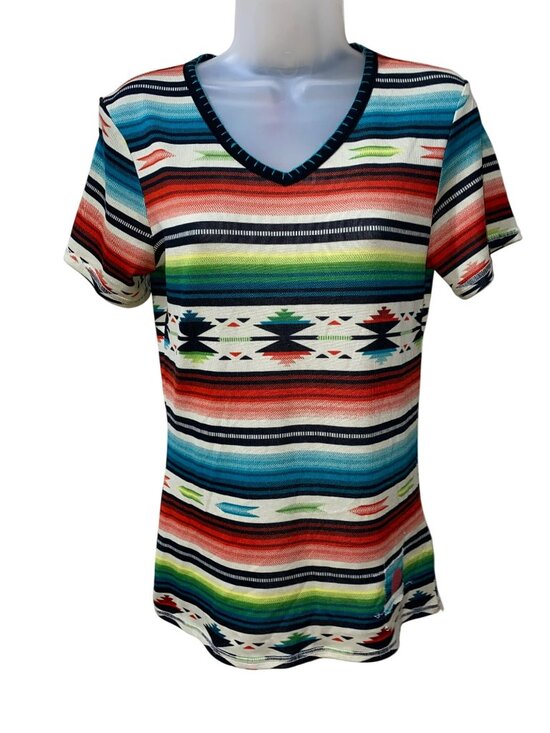 Double D Ranch Serape Womens Small V-Neck Aztec Print Short Sleeve Top – Multico - Picture 2 of 7